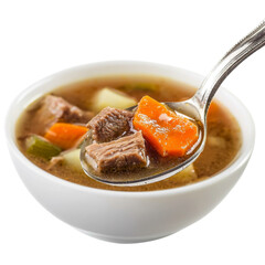 Wall Mural - Delicious beef soup with vegetables, featuring tender meat and vibrant carrots, served in white bowl. Perfect for comforting meal