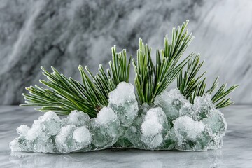 Canvas Print - Frozen pine needles nestled amongst icy crystals, a winter scene.