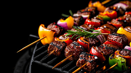 Canvas Print - Sizzling Beef Skewers: A mouthwatering array of grilled beef skewers, bursting with colorful bell peppers and red onions,  is arranged over a hot grill.