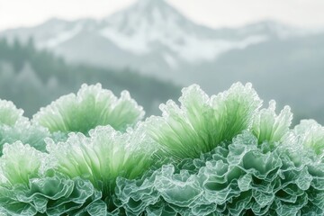 Canvas Print - Intricate, frosted green formations resemble delicate flowers against a blurred mountain backdrop.