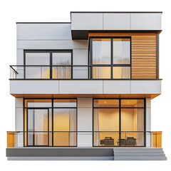 Aufkleber - Modern house with large windows, balcony, and wooden accents, showcasing contemporary architecture and inviting ambiance