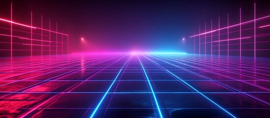 Wall Mural - futuristic neon grid landscape with vibrant pink and blue lights reflecting on wet surface