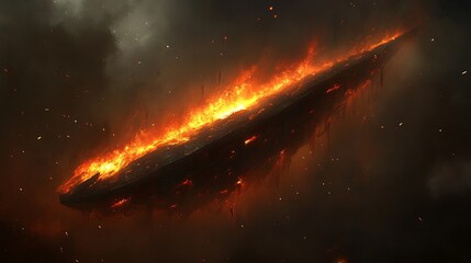 Canvas Print - Fiery asteroid hurtles through dark space intense orange flames engulfing its surface. AI Generated