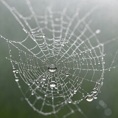 A single rain droplet resting on a spiderweb, its intricate threads barely visible on white.