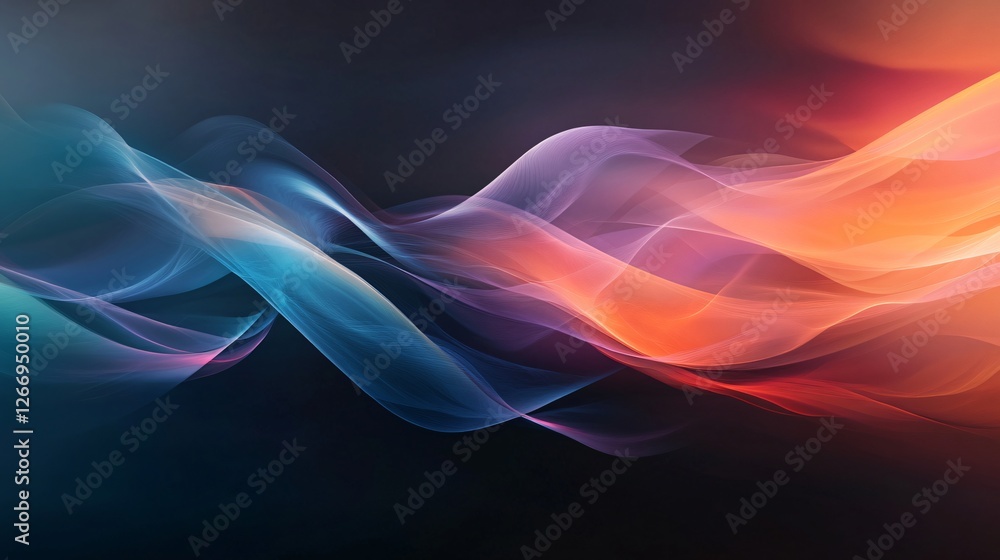 Abstract flowing waves of blue, purple, orange, and red against a dark background create a dynamic and ethereal effect.