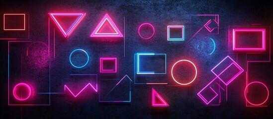 Wall Mural - vibrant neon shapes and patterns glowing against a dark textured background, ideal for digital art