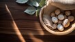 © irissca - Rustic Easter setting with speckled eggs and fresh spring leaves on a wooden background
