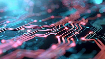 Wall Mural - abstract close-up of colorful electronic circuit board with glowing lights and complex patterns in t