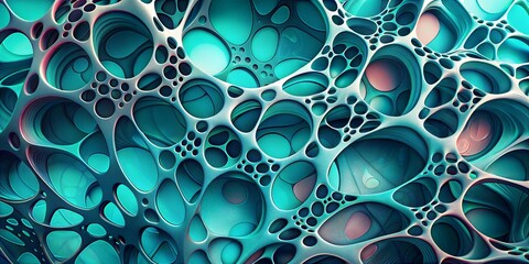 A surreal blend of blue and pink hues forming an intricate web of interconnected bubbles in a dreamlike abstract artwork