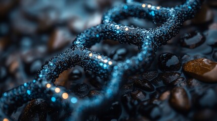 Wall Mural - close-up of a shimmering blue chain on wet pebbles, highlighting texture and reflections