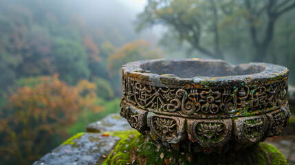 Wall Mural - Mystical Stone Bowl: An ancient stone bowl, adorned with intricate carvings, sits on a moss-covered stone, overlooking a misty autumnal landscape.  The scene evokes a sense of mystery and tranquility.