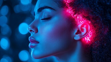 Wall Mural - close-up portrait of a woman with glowing neon lights around her head, set in a dreamy background
