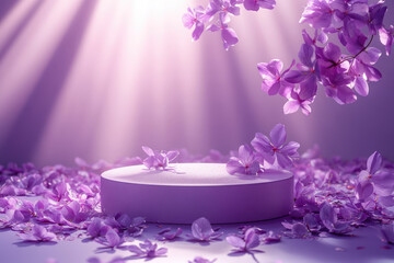 Poster - A simple circular podium on a lavender background with petals. Perfect for Mother's Day, Women's day, March 8,Easter, anniversary designs. Empty podium for product presentation and demonstration.