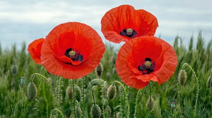 Wall Mural - Vibrant Red Poppy Flowers Blooming in a Green Grain Field Under a Cloudy Sky