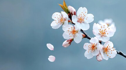 Wall Mural - Delicate Cherry Blossom Branch with Soft Blue Background and Petals Falling in Springtime