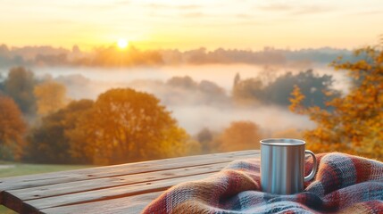 Sticker - Serene autumn sunrise warms rustic table cozy blanket mug. AI Generated