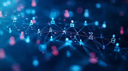 Abstract background with social network concept, human connections, and digital communication in cyberspace on a dark blue background. 