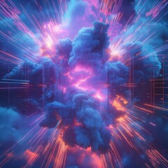 Wall Mural - Explosive neon clouds with radiant energy bursts in a futuristic sky