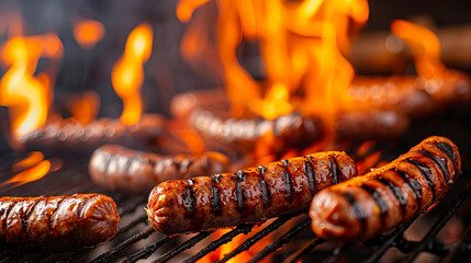 Canvas Print - Grilled Sausages on BBQ: Juicy sausages sizzling on a hot grill, marked with delicious grill lines, amidst vibrant flames. A mouthwatering image perfect for summer recipes, cookouts, and food blogs.