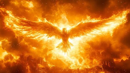 Sticker - Fiery Phoenix Soaring Through Inferno Intense orange light illuminates majestic wings. AI Generated