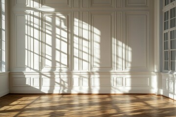 Wall Mural - Light floods empty room interior, illuminating wall panels and wood floor