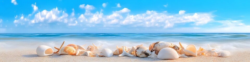 Wall Mural - Seashells on sandy beach, ocean waves, blue sky