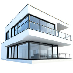 Poster - Modern house with large windows and balcony, showcasing contemporary architecture and open space design. Ideal for showcasing luxury living