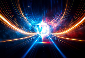 Aufkleber - Dynamic energy streams converge in a burst of light, creating a vibrant abstract design.  Blue and orange hues blend in motion, forming a central focal point against a dark backdrop.
