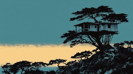 Wall Mural - Serene Treetop House Silhouetted Against Calm Dusk Sky. AI Generated