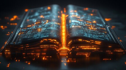 Wall Mural - a glowing, open book with a digital circuit pattern emanating light in a dark setting