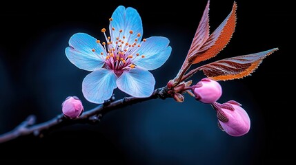 Wall Mural - Delicate Blue Blossom with Pink Buds and Brown Leaves on a Dark Background in Springtime