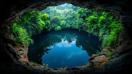 Wall Mural - Hidden Oasis: A serene, hidden pool of water nestled within a lush, green cave, reflecting the vibrant foliage and sky above.  The tranquil scene evokes a sense of mystery and wonder.