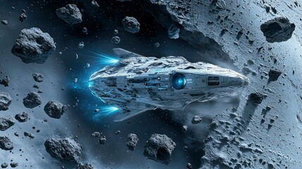 Wall Mural - spaceship navigating asteroid field futuristic sci-fi scene