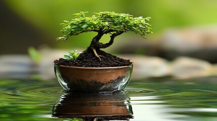 Wall Mural - Tranquil Bonsai Tree Reflecting Serene Water. AI Generated