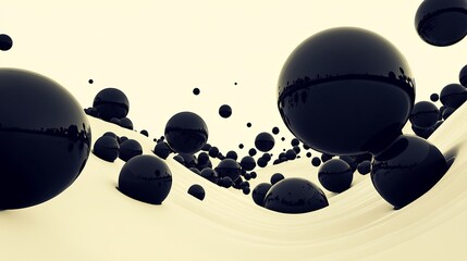 Wall Mural - Floating black spheres gently drift across soft yellow landscape a serene abstract image. AI Generated