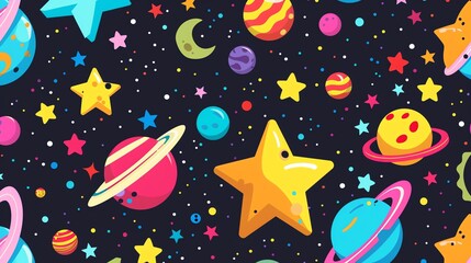 Wall Mural - a colorful, cartoon pattern of planets and stars on a black background.