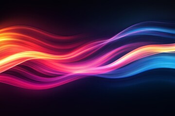 Poster - Vibrant abstract waves of light in red, pink, orange, and blue tones on a dark background. Dynamic motion, energy flow, and futuristic design concept.
