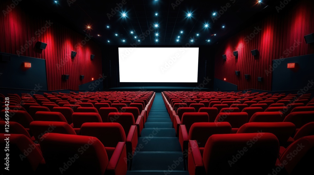empty movie theater with rows of red seats facing a large screen. The ...