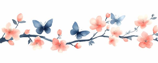 Wall Mural - Peach blossoms, butterflies, spring