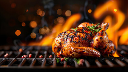 Canvas Print - Grilled Chicken on BBQ: A succulent, perfectly grilled chicken rests on a barbecue grill, sizzling and infused with herbs. The fiery flames create a dramatic backdrop.