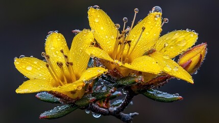 Wall Mural - Bright Yellow Flowers with Water Droplets Glimmering in Soft Natural Light Background