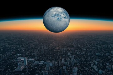 Wall Mural - giant moon over cityscape at sunset - futuristic space view