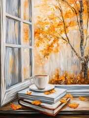 Wall Mural - Autumn Coffee, Window View, Books, Relaxation