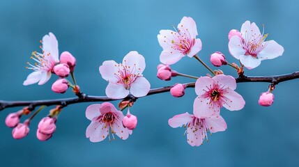 Wall Mural - Blooming Cherry Blossoms on Branch with Soft Blue Background Capturing Spring's Beauty