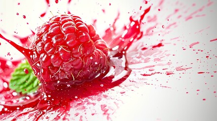 Wall Mural - a single raspberry splatters red juice on a white background.