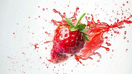 Wall Mural - a strawberry with a splash of juice against a white background.