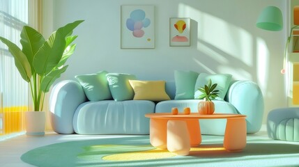 Wall Mural - Sunny living room, pastel sofa, plants, art