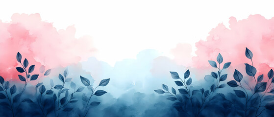 Wall Mural - Pink blue watercolor leaves banner