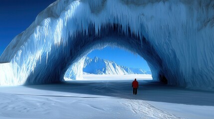 Wall Mural - Majestic Ice Arch with Solitary Figure in a Frozen Landscape Under Clear Blue Sky