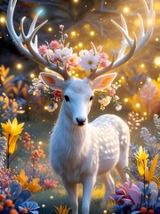 Wall Mural - Enchanted White Deer, Floral Crown, Forest, Lights, Fantasy Art